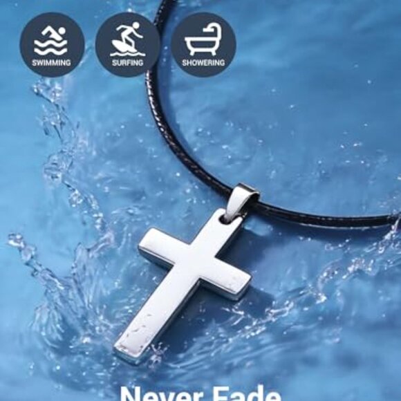 Stainless Steel Pendant Necklace with Leather Cord, 22 Inch - Picture 8 of 8